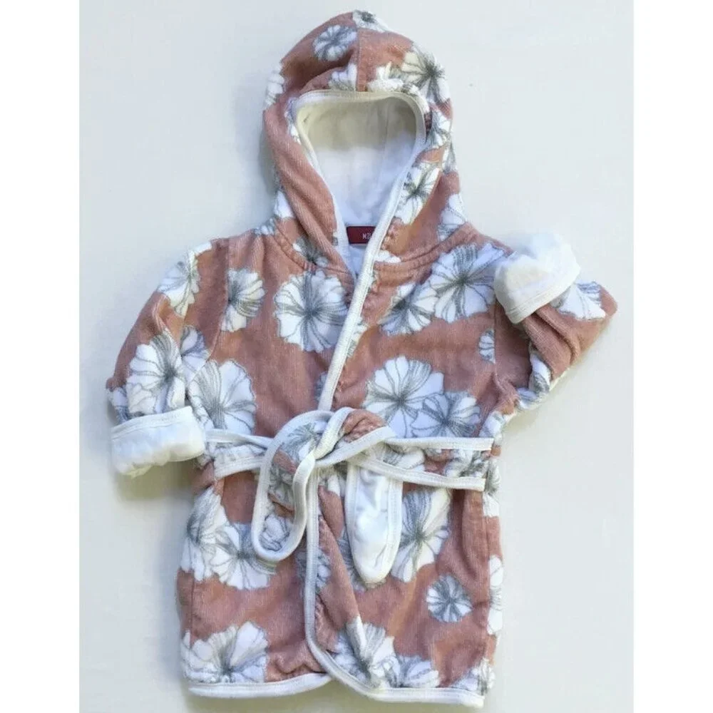 Milkbarn Hooded Bath Robe Infant Girl 0-9 Mos. Pink White Floral Organic Cotton
